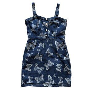 Denim Butterfly Print Denim MiniDress Snap Front Zip Back Non Adjustable Strap M